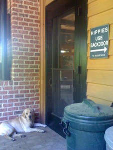 Back door to the house - with Siddy, the world's sweetest but dumbest dog, and a sign I find particularly amusing in light of my dad's extremely hippie past